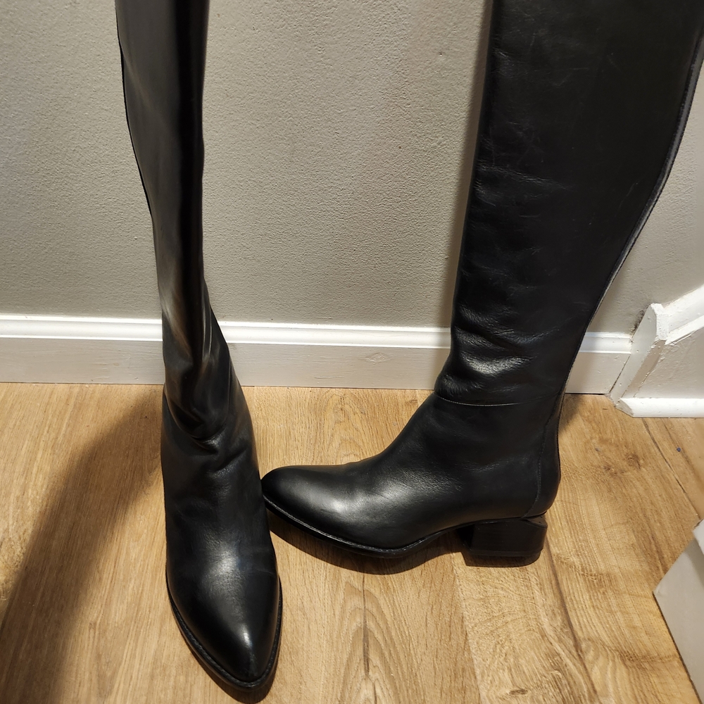 Alexander Wang Black Leather Knee-High Pointed Boots with Low Heel